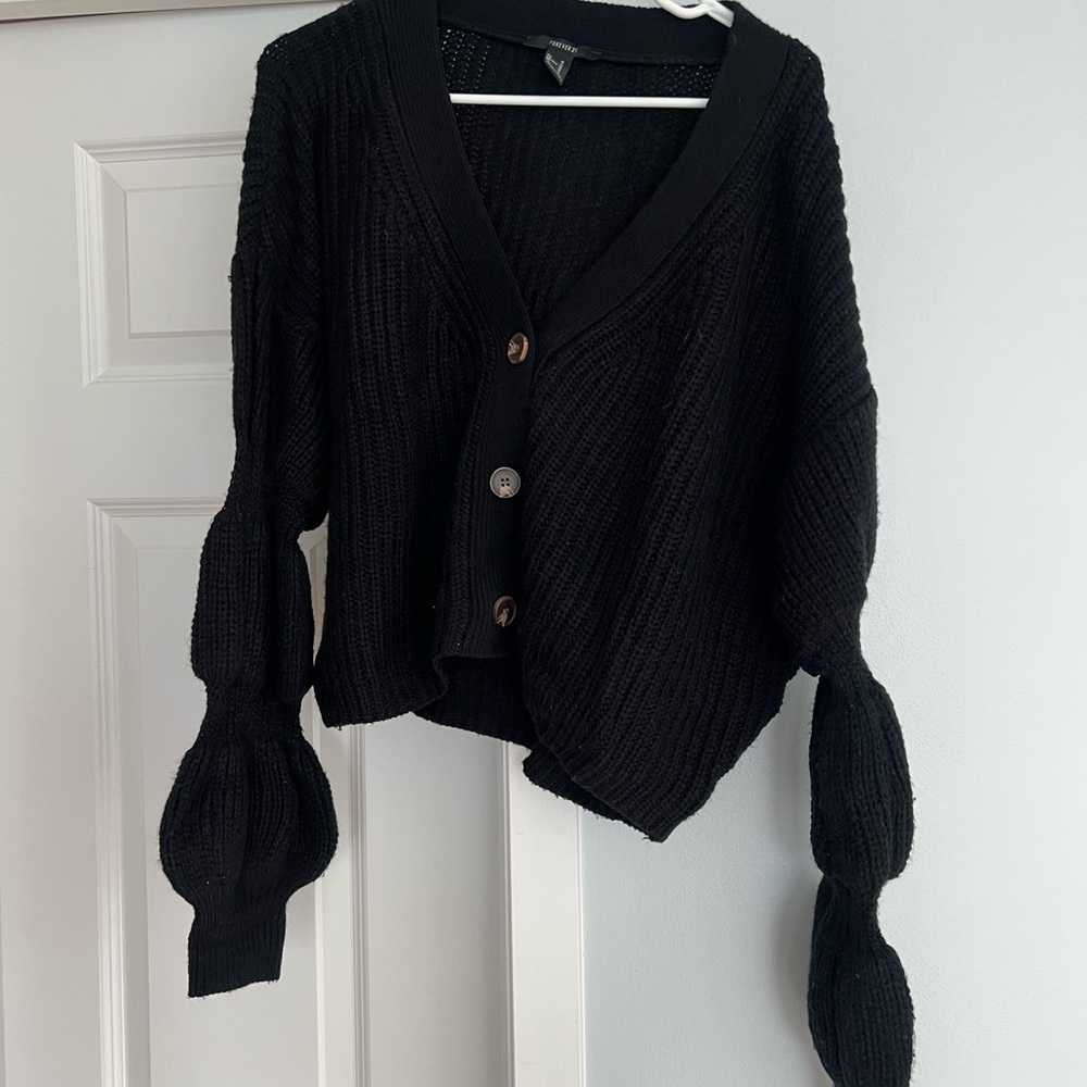 Forever 21 Black Cardigan Sweater with Puffy Sleeves